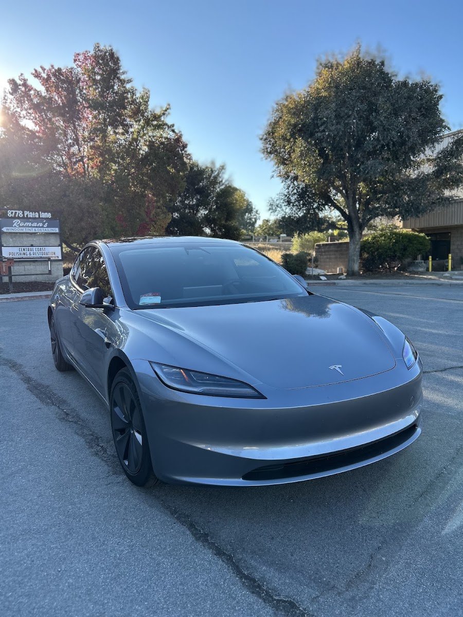 Gray Tesla Model 3 with window tint at Roman's Atascadero shop